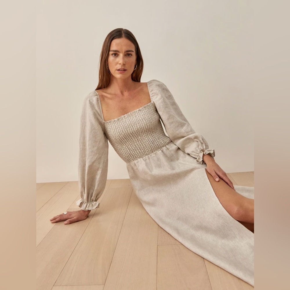Reformation Long Sleeve linen Smocked Dress